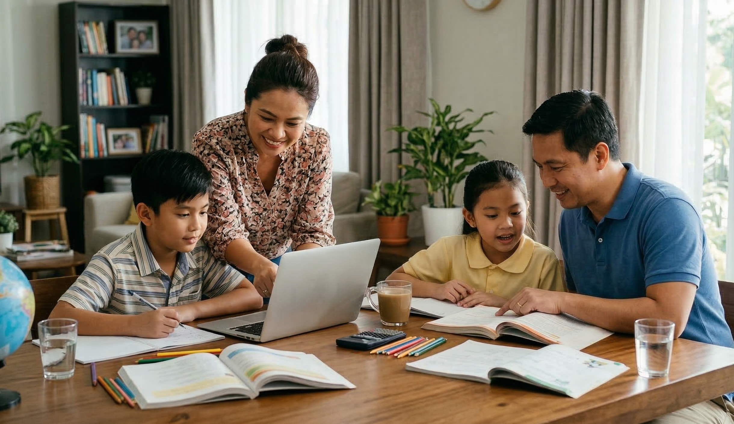 Happy family learning together